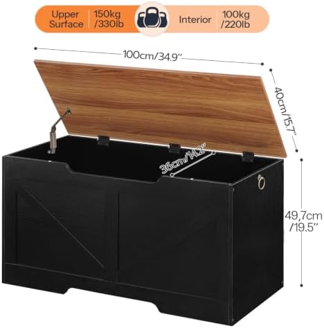 HOOBRO Storage Bench, 39.4" Retro Wooden Storage Chest with U-Shaped Cut-Out Pull, Safety Hinge, Supports 330 lb and Easy Assembly for Toy Box Organizer (Black and Walnut) BH771CW01G1 - Image 7