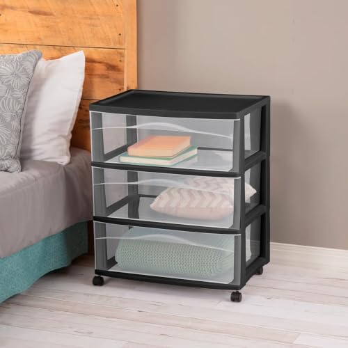 Sterilite 4 Pck Wide 3 Drawer Storage Cart Plastic Rolling Organizer, Black - Image 5