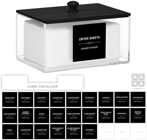 Dryer Sheet Holder with 30 waterproof Labels, Acrylic made tissue box holder with black bamboo lid, Acrylic Container Storage Box for Laundry Room Organization, Holds Sheets, Balls (Black) by ZUHSANHOMEDECORS