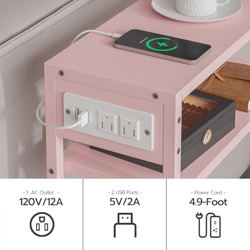Leomonio Pink Side Table with Charging Station, Slim End Tables with Linen Basket, Skinny Table for Small Spaces, Thin Bedside Table for Living Room, Bedroom - Image 6