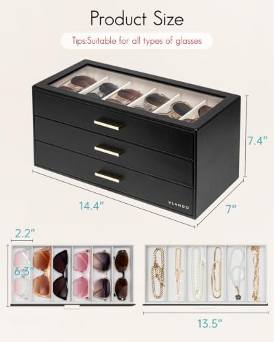 VLANDO 18-Slot Sunglasses Organizer Case with Clear Lid & 3 Drawers,Black - Image 6