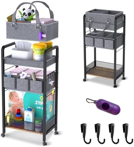 2IN1 Baby Diaper Caddy Organizer-3 Tier Rolling Storage Cart with Dividers - Bedside Diaper Caddy Cart for Baby Nursery Newborn Essentials-Mobile Utility Carts with Wheels for Changing Table by Unknown