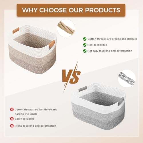 danpinera 108L Large Blanket Basket for Living Room, Woven Storage Basket with Leather Handles, Cotton Rope Storage Organization in Nursery for Toys & Clothes 25 ''* 16 ''*16 '', Gradient Brown - Image 6