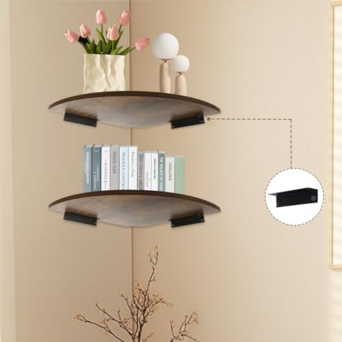 JJL Corner Shelves, 12 Inch Deep Corner Shelf Wall Mounted with Wire Hole, 4 Tier Circular arc Corner Hanging Shelving for Wall Storage, for Speaker, Cable Box, Rust Brown - Image 5