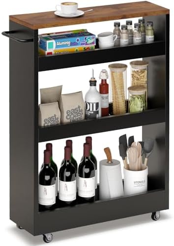 TEAMIX Wood 4-Tier Slim Rolling Storage Cart, 7.9"W, 24.8"D, 36.7"H, Black by TEAMIX
