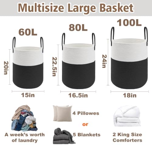 JMvicyroam 60L Cotton Rope Laundry Basket Hamper, White and Black - Image 2