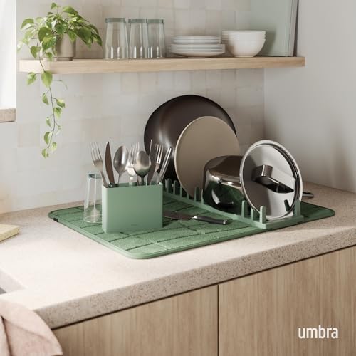 Umbra Udry Dish Drying Rack with Microfiber Mat, Foldable Drainer, Spruce - Image 2