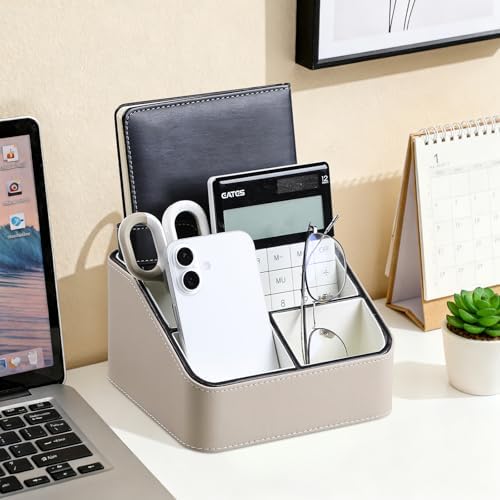 PU Leather Desk Organizer, Remote Control Holder (Small/Beige) - Image 3