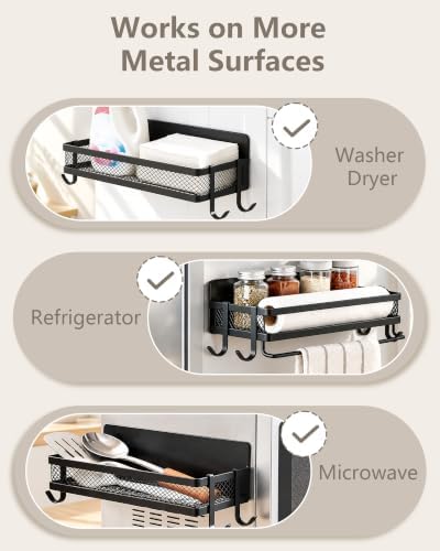 2 Pack Magnetic Shelves for Washing Machine, No Drill Heavy Duty Magnet Storage Rack with 4 J-Hooks and Towel Bar, Laundry Room Organization for Washer Dryer Refrigerator - Image 5