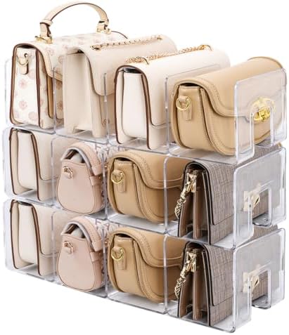 3 Pack Acrylic Purse Organizer for Closet, 12-Slot Bag & Purse Organizer, No Assembly, Clear Handbag Storage Shelf .for Shelf Divider Handbags, Clothes, Sweater by AMZABBY