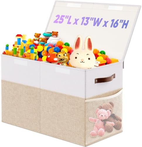 Large Toy Storage Box with Lid & Dividers, Kids Toy Chest, Beige and White by Rocamdo