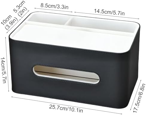 PU Leather Tissue Box Cover Rectangular with Storage Organizer Tray, Multifunctional Remote Control Holder, Desk Organizer for Living Room, Bedroom, Office, Decorative Tissue Holder Black - Image 2
