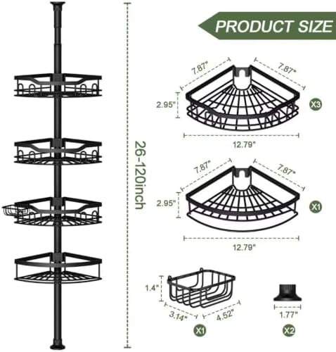 Corner Shower Caddy Tension Pole 4 Tier Stainless Steel Bathroom Organizer Shelves for Inside Shower Bathtub Shampoo Storage,26 to 120 Adjustable Standing Rack with Towel Rack - Image 2