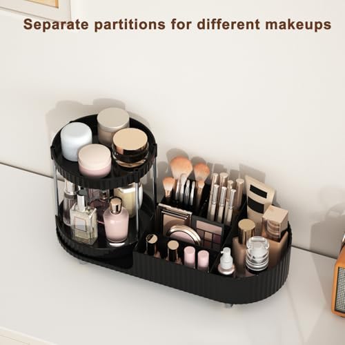 Makeup Organizer Countertop for Vanity with 2 Rotating Perfume Trays, 5-Compartment Skincare Organizers and Make Up Desk Storage, Cosmetic Organizer with Brush Holder for Bedroom Bathroom Counter - Image 3