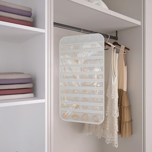 Hanging Jewelry Organizer 80-Pocket Double-Sided, 1-Pack, White and Beige - Image 3