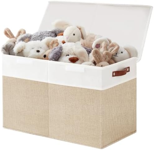 Bagnizer Large Toy Storage Box with Lids, Collapsible Sturdy Baby Storage Organizer Chest Bin Basket for Kids, Boys, Girls, Playroom, Nursery, Bedroom, Closet 25"x13"x16" (Beige and White) by Bagnizer