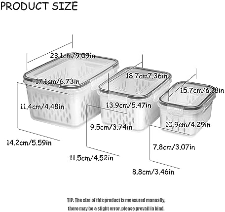 Fruit and Vegetable Storage Containers for Fridge, 6 Pcs/3 Sets Keep Fresh Produce Saver Containers Keeper, Food Storage Containers with Removable Colander (grey) - Image 2