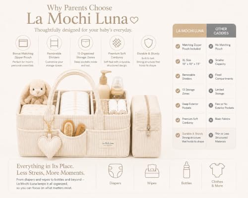 Baby Diaper Caddy Organizer with Matching Zipper Pouch, Soft Corduroy Diaper Storage Basket, Nursery Organizer with Removable Divider, Newborn Essentials, Baby Registry Must Have, Gift for Baby Shower - Image 3