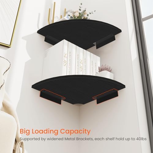 Homode Corner Floating Shelves, 12" Deep Corner Shelves Wall Mounted with Cord Hole, 2 Tier Curved Corner Hanging Shelving for Wall Storage, for Cable Box, TV Cords, Books, Plants, Black - Image 5