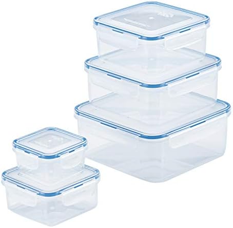 LOCK & LOCK Easy Essentials Food Storage lids/Airtight containers, BPA Free, 10 Piece - Square, Clear by LocknLock