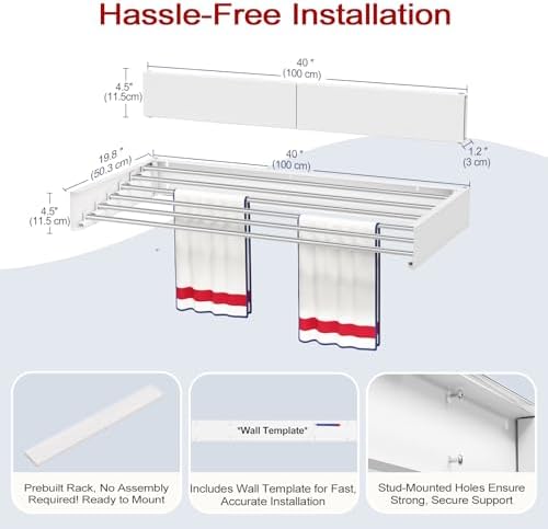 Wall Mounted Drying Rack 40", Foldable Laundry Drying Rack with Stainless Steel Rods, Retractable Laundry Space Saver for Indoor & Outdoor Use, Include Wall Template - Image 6