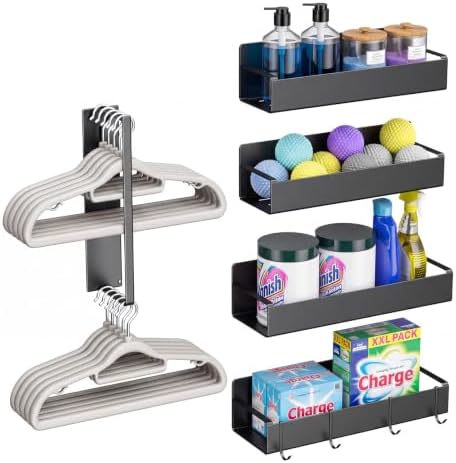 Vetacsion 4 Pack Magnetic Laundry Organizer, Heavy Duty Magnetic Shelf For Washer And Dryer, White, Iron (5‑Pack Magnetic Shelves with Hanger & Hooks) - Image 3