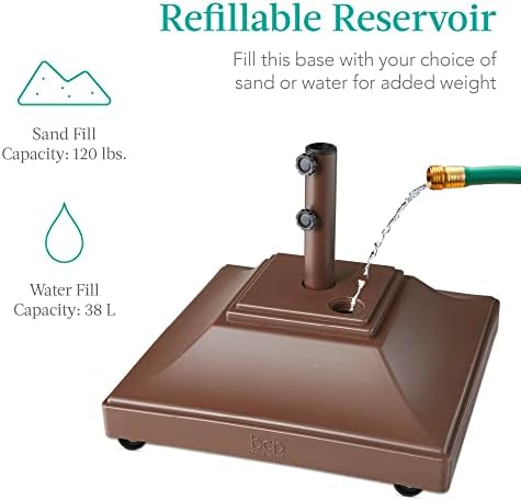 Best Choice Products Fillable Mobile Umbrella Base, Heavy Duty Base, Square Tiered Market Stand for Patio, Deck, Outdoor w/ 4 Wheels, 2 Locks, 2 Knobs, 120lb Capacity - Brown - Image 4