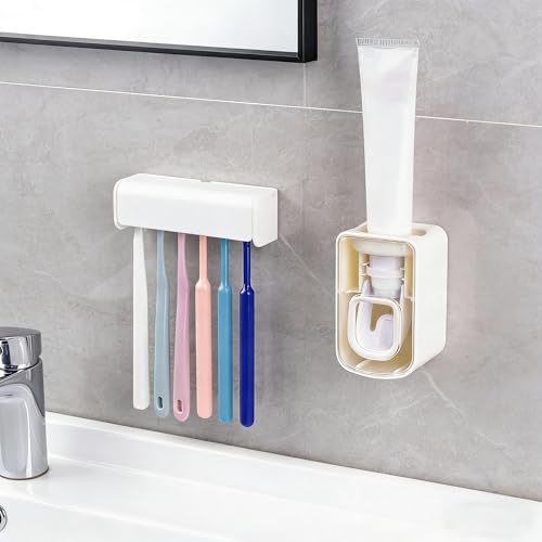 Toothbrush Holder Wall Mounted with Cover for Bathroom, 6 Slots Toothbrush Storage Organizer for Shower, Self Adhesive Toothbrush Hanger with Automatic Toothpaste Squeezer Dispenser (White) - Image 3