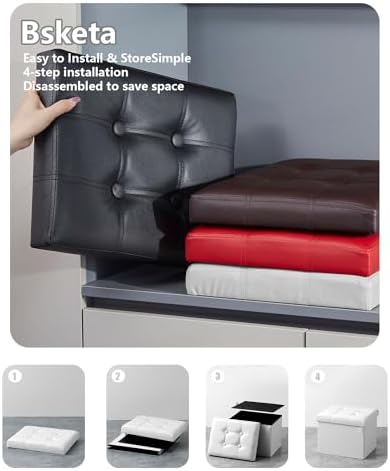 Bsketa Storage Ottoman Bench,17 Inch Folding Leather Foot Rest Stool,White - Image 3