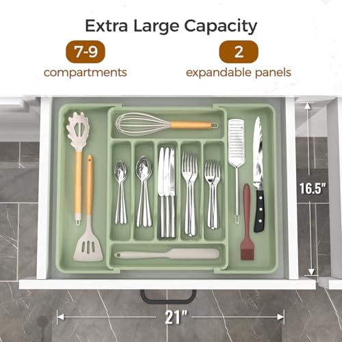 ukeetap Extra Large Expandable Silverware Organizer, Flatware Tray, Green - Image 2
