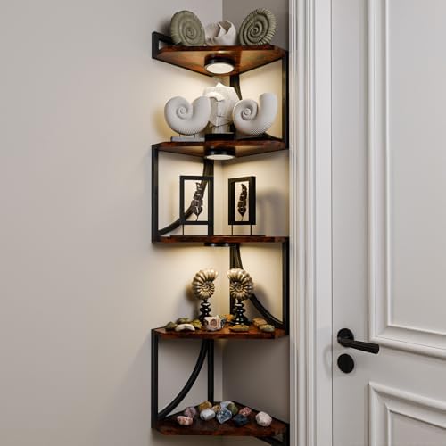 HAAYOT Corner Shelf Wall Mounted with Lights, 5-Tier Floating Metal Shelves for Living Room, Bedroom, Rustic Brown - Image 5