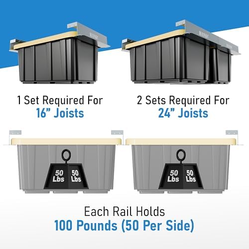 USA Based Overhead Garage Storage Rack, Connectable Heavy Duty Metal Ceiling Rails Garage Storage Organization Shelving System, Hanging Racks Tote Containers, Supports Up To 3 Bins, 2 Sets Gray - Image 5