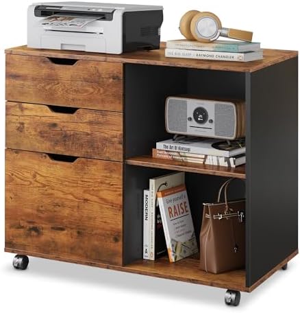 DEVAISE 3-Drawer Wood File Cabinet, Mobile Lateral Filing Cabinet, Printer Stand with Open Storage Shelves for Home Office, Rustic Brown by DEVAISE