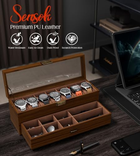 Watch Case Box for Men - Ultra-thin Frame Wide Display 7 Slots 2-Layer Wood Grain Watch Storage Organizer with Jewelry Drawer, Real-glass Display Case Collection Box Gift for Dad Husband - Image 2