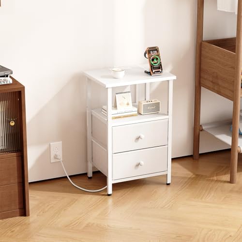 Nightstand with Charging Station, Bedside End Table with 2 Fabric Drawers for Bedroom, Side Table with USB Ports and Outlets (White) - Image 6