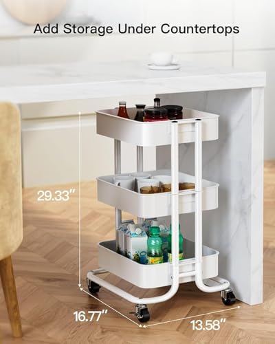 Pipishell 3 Tier Metal Rolling Utility Cart with 2 Lockable Wheels, White - Image 2