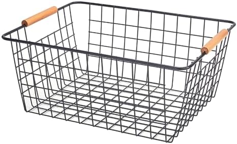 LeleCAT Large black wire basket for Organizing with Wooden Handles,pantry refrigerator organizers and storage,Snack Storage Baskets for Cabinets, Closets, Bedrooms, kitchen -2pack（Black） - Image 7