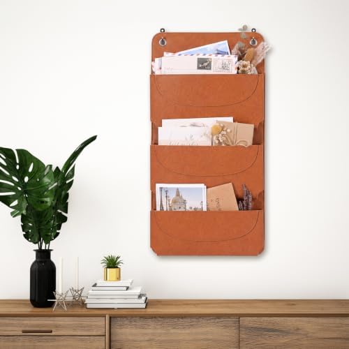 3-Pocket PU Leather Mail Holder Wall Mount Brown Wall File Hanging Organizer 9.65×4.72×1.38 Inch Wall Letter Holder Wall Mail Organizer with 2 Hook for Decor Storage Letter Key Office Home - Image 7