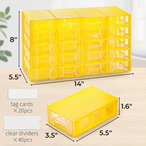 Goaste 20 Pack Drawer Stacking Storage Cabinet, Plastic Desktop Drawer Closet, Small Parts Screw Craft Organizer Container with 40 PCS Clear Dividers & 20 PCS Tag Cards for Home Office School Items - Image 3