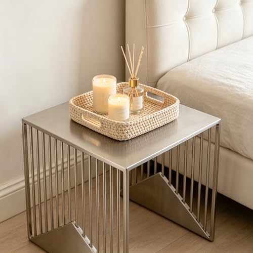 Stainless Steel Side Table - Geometric Vertical Slat Metal End Table, Modern Industrial Square Accent Table for Living Room, Bedroom, Small Spaces - Sturdy Nightstand, Easy to Clean - Image 3