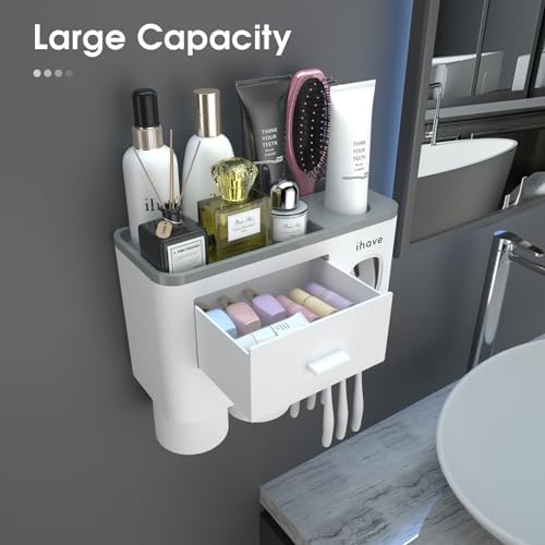 iHave Toothbrush Holders Wall Mounted with Toothpaste Dispenser & 2 Cups - Image 2