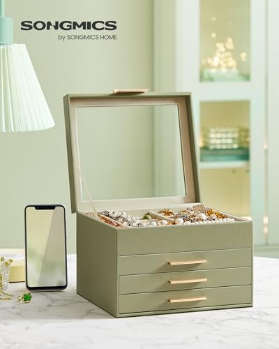 SONGMICS Jewelry Box Organizer, 4-Layer Storage with 3 Drawers, Glass Lid - Image 2