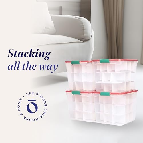 HOMZ Holiday Tote Storage Bin w/Lid & Dividers, 31 Qt, Clear/Red, 4 Pack - Image 3