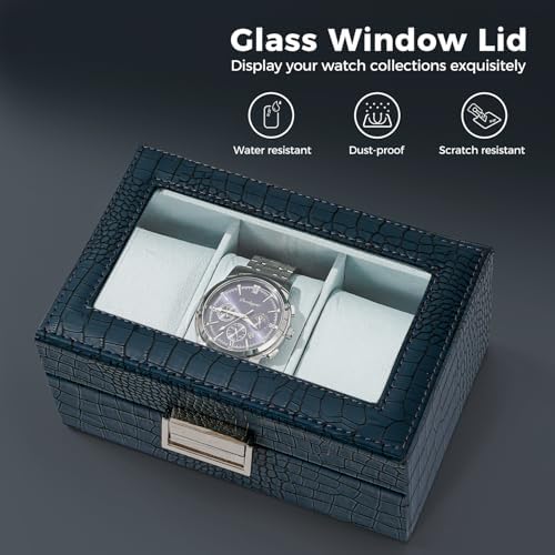 ProCase Watch Box, 3 Slot Mens Watch Display Case, CrocCobaltBlue - Image 3