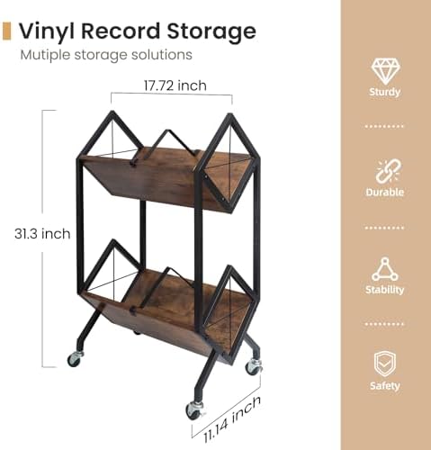 SwaaVee Vinyl Record Storage Holder with Wheels, 2-Tier Record Holder 160-200 LP with Dividers, Retro Style Quick Assembly Vinyl Record Display for Albums, Magazine, Book, Files(2 Tier- Rustic Brown) - Image 2