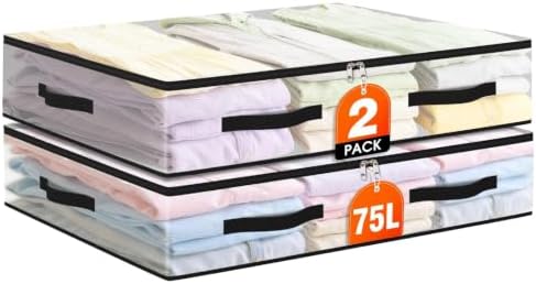 2 Pack Under Bed Storage Bags, 75L Foldable Clear Containers with Handles by Unknown