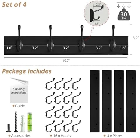 Forbena Black Coat Rack Wall Mount, Coat Hooks Wall Mounted for Entryway Closet Bedroom Bathroom Office, Antique Coat Hanger for Hanging Hats, Towels, Purses, Bags, Clothes, Backpack (Black) - Image 6