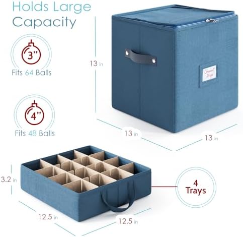 Hearth & Harbor Christmas Ornament Storage Box With 4 Inner Tray Dividers - Non-Woven Ornament Storage Container For 64 Holiday Ornaments or Decorations - Image 2
