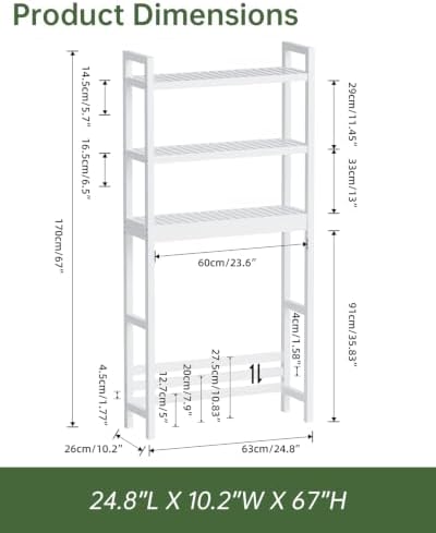 SMIBUY Bathroom Storage Shelf, Bamboo Over-The-Toilet Organizer Rack, Freestanding Toilet Space Saver with 3-Tier Adjustable Shelves (White) - Image 2