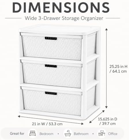 Wide 3-Drawer Plastic Storage Tower with Cross-Weave Removable Bins - Image 2